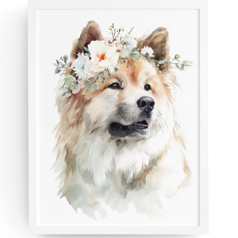 Watercolor Akita Dog Portrait Wall Art Print, Unframed - Majestic Canine Charm
